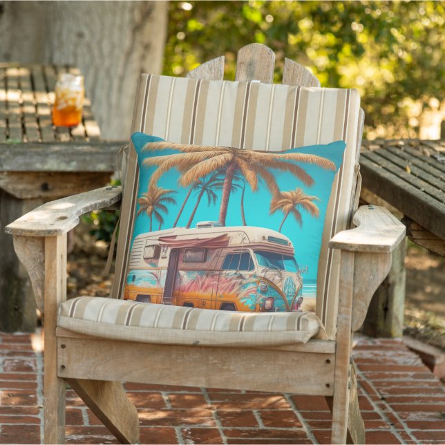 Retro RV and Palm Trees Outdoor Pillow (Chair)