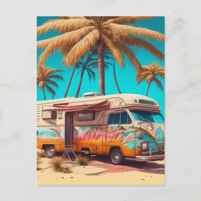 Retro RV and Palm Trees Postcard (Front)