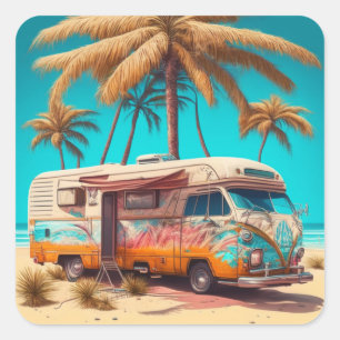 Retro RV and Palm Trees Square Sticker