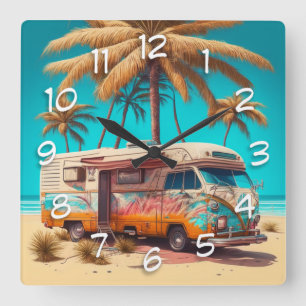 Retro RV and Palm Trees Square Wall Clock