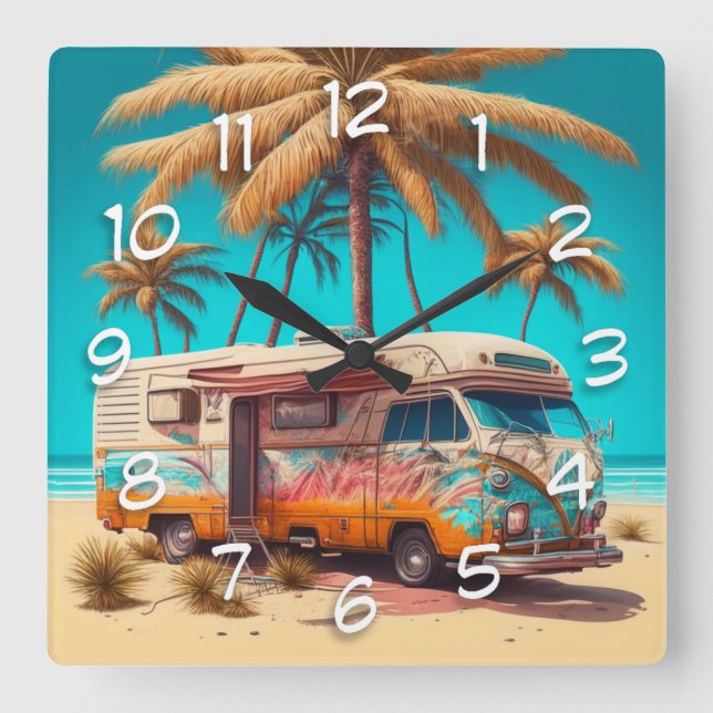 Retro RV and Palm Trees Square Wall Clock (Front)
