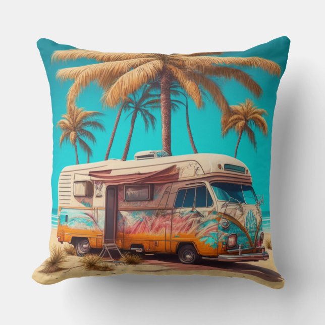Retro RV and Palm Trees Throw Pillow (Front)