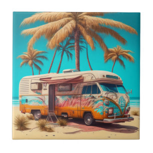 Retro RV and Palm Trees Tile