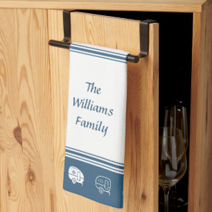 Retro RV Campers Family Name in Blue and White Kitchen Towel