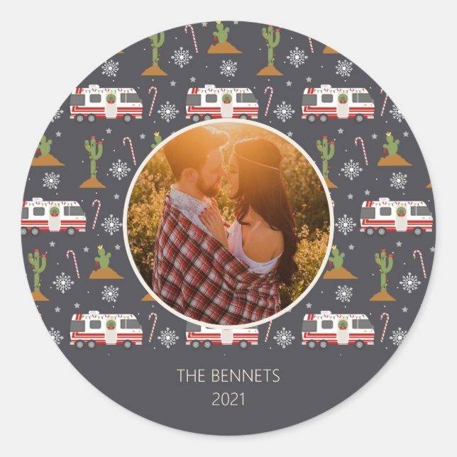 Retro Rv Motorhome Desert Christmas Pattern Photo Classic Round Sticker (Front)