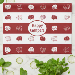 Retro RV Trailer Happy Campers in Dark Red & White Kitchen Towel