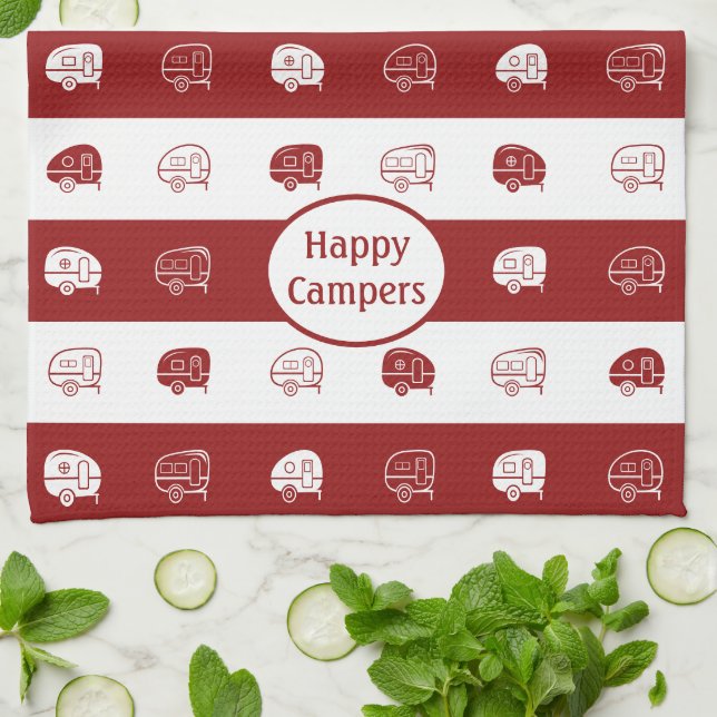 Retro RV Trailer Happy Campers in Dark Red & White Kitchen Towel (Folded)