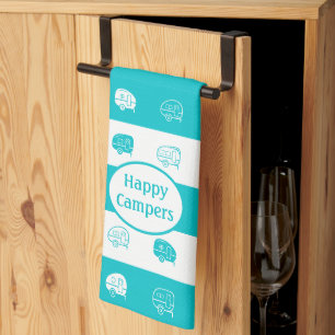 Retro RV Trailer Happy Campers Turquoise & White Kitchen Towel