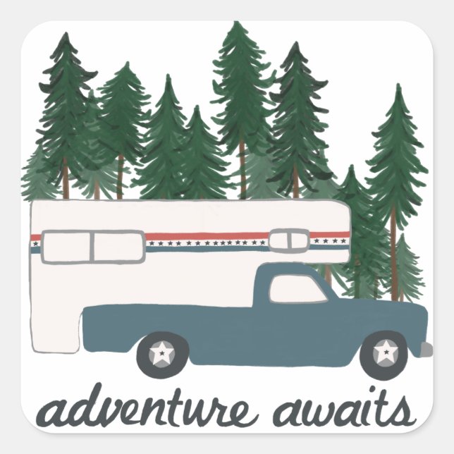 Retro RV Truck Camper RVing Adventure Square Sticker (Front)