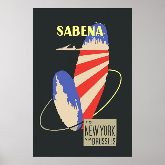 Retro Sabena Airlines to New York via Brussels Poster (Front)