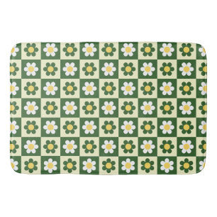 Retro Sage Green and Cream Daisy Checkerboard  Bath Mat