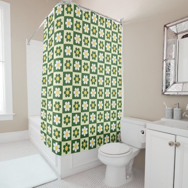 Retro Sage Green and Cream Daisy Chequerboard  (In Situ)