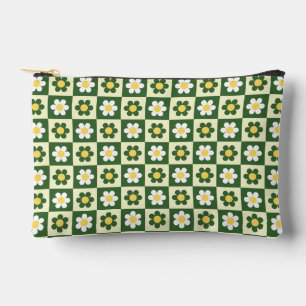 Retro Sage Green and Cream Daisy Chequerboard Accessory Pouch