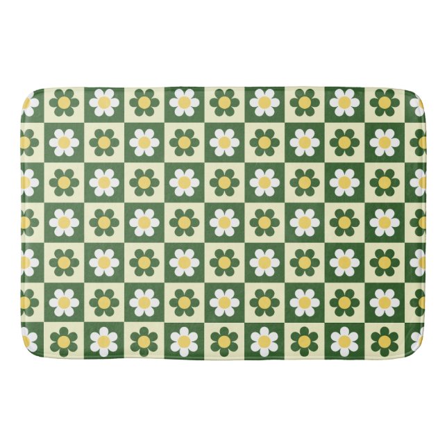 Retro Sage Green and Cream Daisy Chequerboard  Bath Mat (Front)
