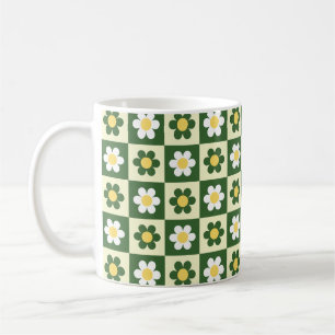 Retro Sage Green and Cream Daisy Chequerboard Coffee Mug