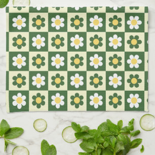 Retro Sage Green and Cream Daisy Chequerboard Kitchen Towel