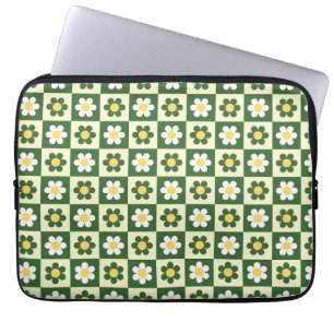 Retro Sage Green and Cream Daisy Chequerboard Laptop Sleeve