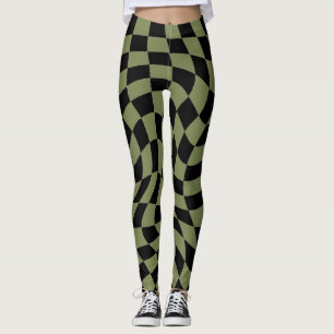 Retro Sage Green & Black Wavy Chequered Leggings