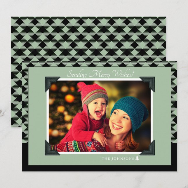 Retro Sage Green Buffalo Check Christmas Photo Holiday Card (Front/Back)