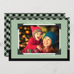 Retro Sage Green Buffalo Check Christmas Photo Holiday Card