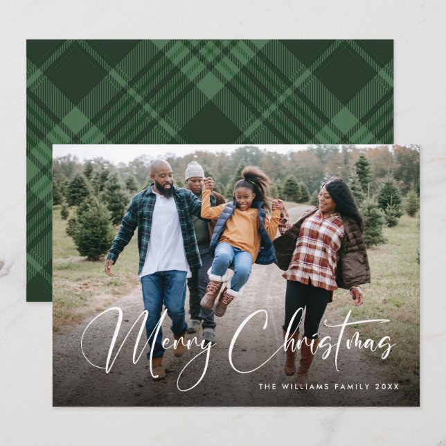 Retro Sage Green Christmas Plaid Tartan Photo Holiday Card (Front/Back)