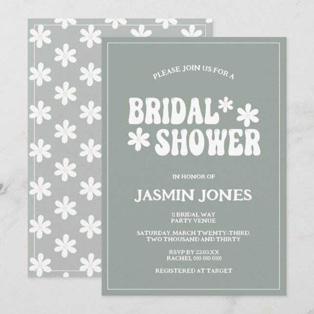 Retro Sage Green Daisy Flower Bridal Shower  Invitation (Front/Back)