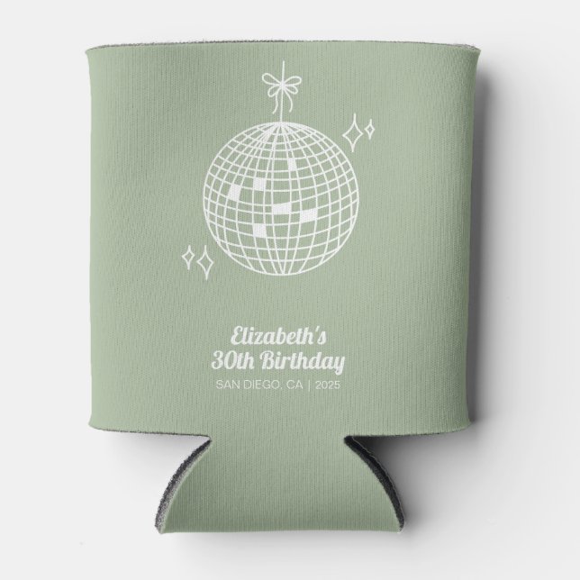 Retro Sage Green Disco Ball Birthday Personalized Can Cooler (Front)