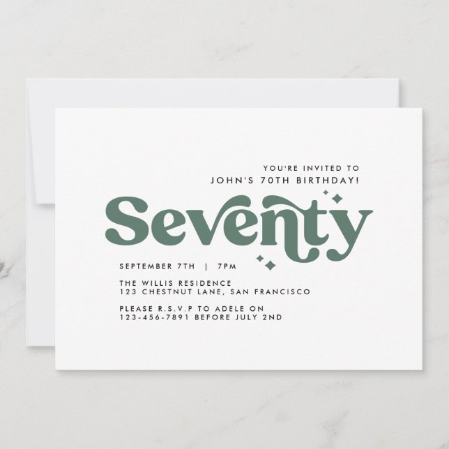 Retro sage green modern minimal 70th birthday invitation (Front)