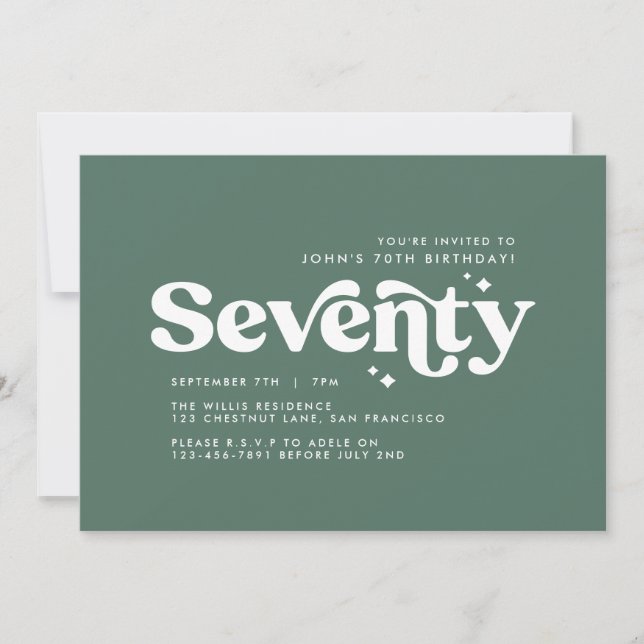 Retro sage green modern minimal 70th birthday invitation (Front)