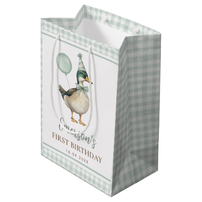 Retro Sage Green One Lucky Duck 1st Birthday Medium Gift Bag (Back Angled)