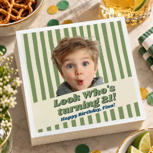 Retro Sage Green Photo Birthday Chic Napkin