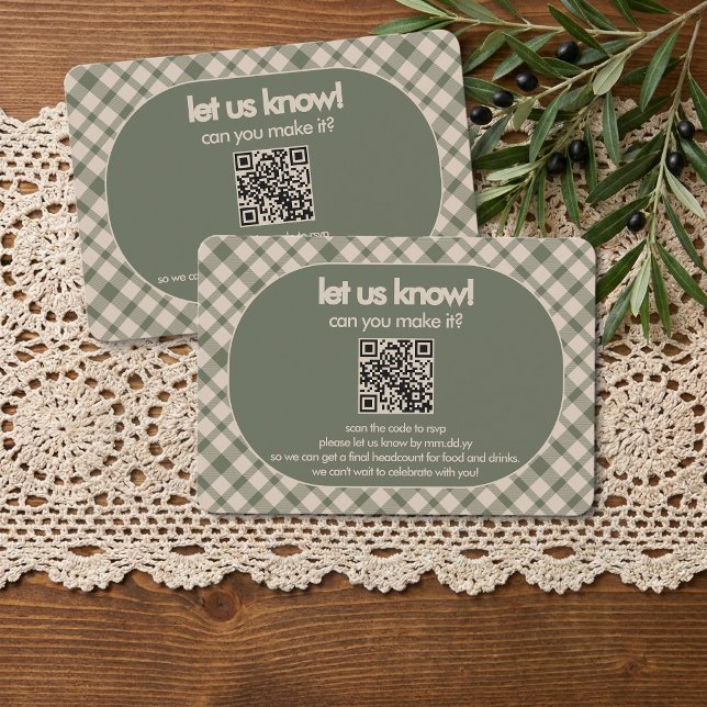 Retro Sage Green Plaid QR Code Wedding RSVP Card (QR Code RSVP Card from the Sage Green Retro Plaid Wedding Collection by Darling & May)