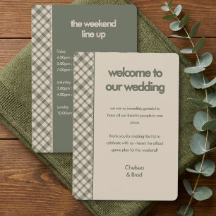 Retro Sage Green Plaid Wedding Weekend Itinerary Invitation