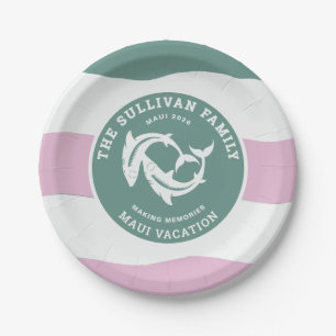 Retro Sage Green Shark Family Vacation Badge Paper Plate