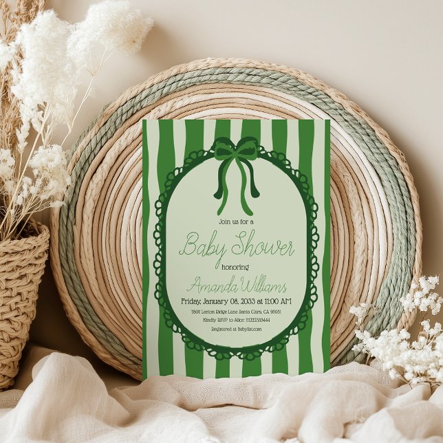 Retro Sage Green Stripes Bow Baby Shower Invitation (Creator Uploaded)