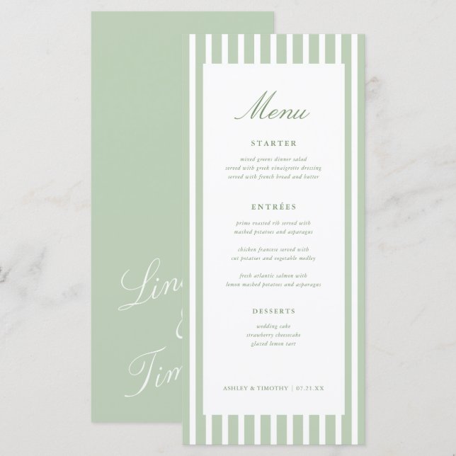 Retro Sage Green Stripes Wedding Table Menu Cards (Front/Back)