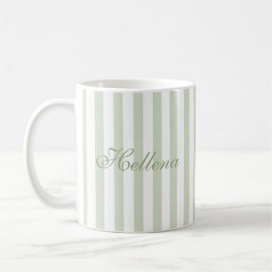 Retro Sage Green White Stripes Custom Name Coffee Mug