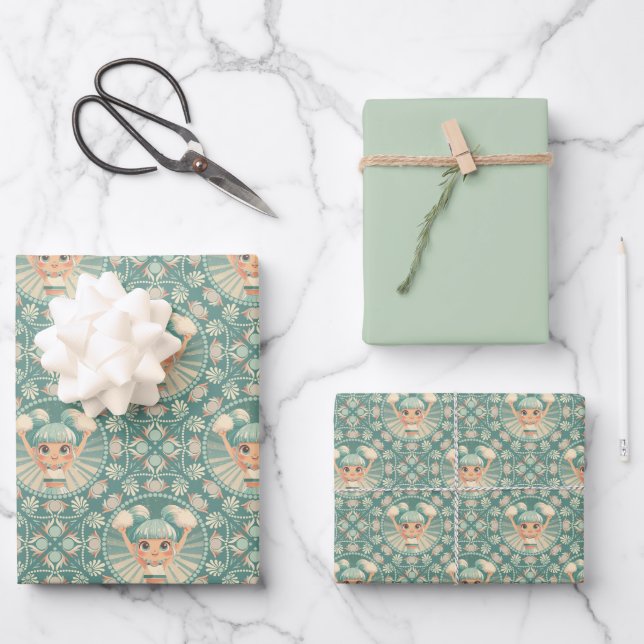 Retro Sage Sand Cheerleader Mandala Diamond Tile Wrapping Paper Sheet (Front)