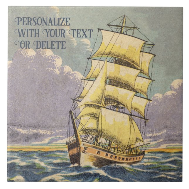    Retro Sailing Ship Boat Seaman Nautical Drawing Tile (Front)