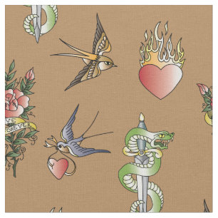 Retro Sailor Tattoo Print Vintage Fabric