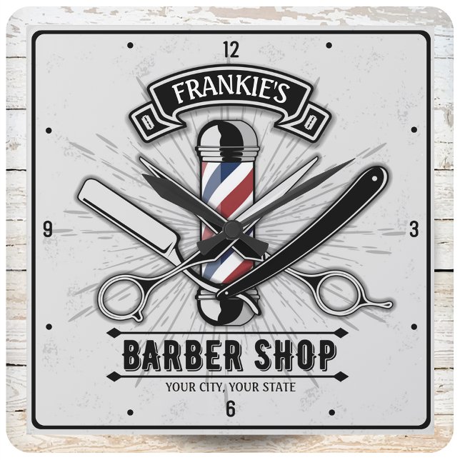 Retro Salon Barber Shop Barbershop Personalized Square Wall Clock (Creator Uploaded)