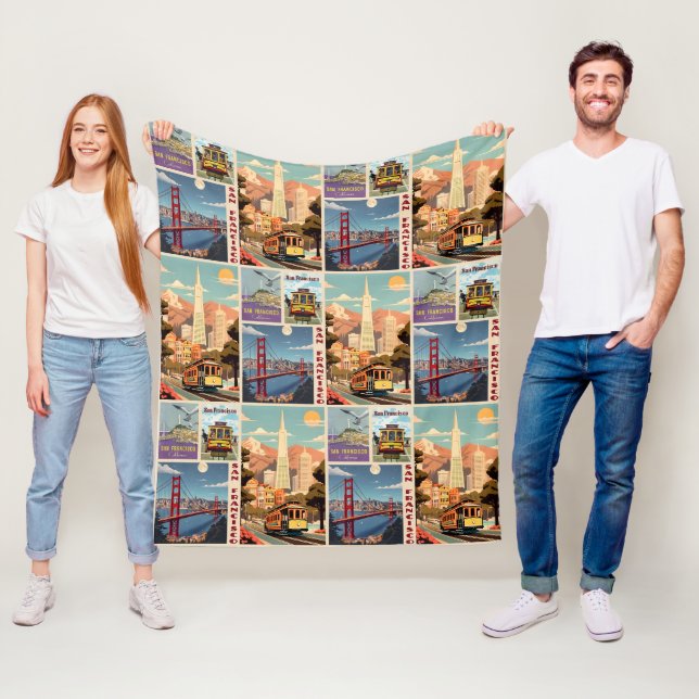 Retro San Francisco Batchwork Fleece Blanket (In Situ)