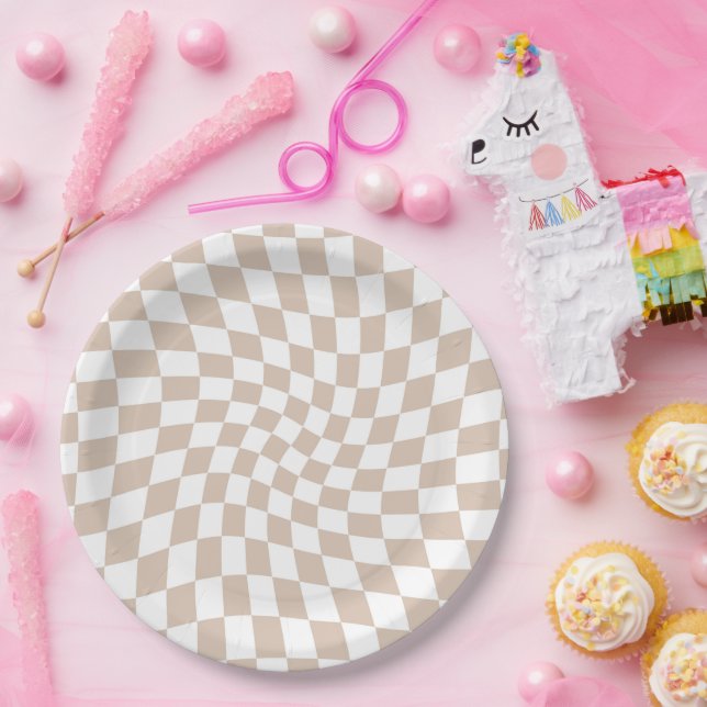 Retro Sand Rose Pink Pastel Warped Chequerboard  Paper Plate (Party)