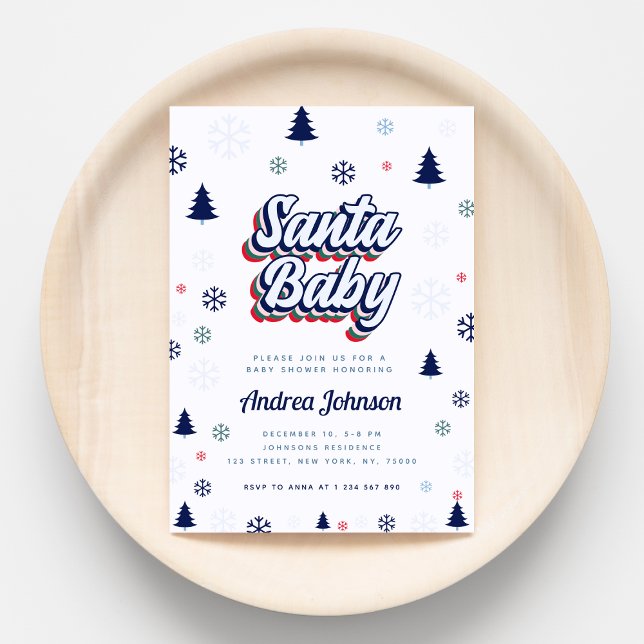 Retro Santa Baby Blue Snowflakes Boy Baby Shower Invitation (Creator Uploaded)