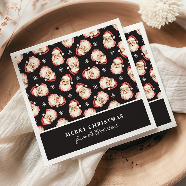 Retro Santa Black Personalized Name Christmas Napkin (Creator Uploaded)