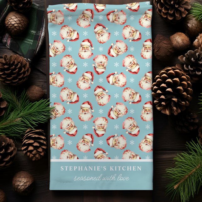 Retro Santa Blue Personalized Name Christmas Kitchen Towel (Creator Uploaded)