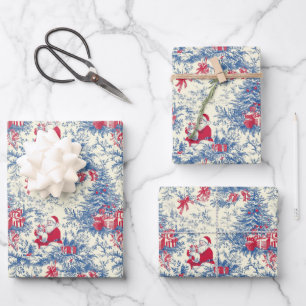 Retro Santa Blue & Red Christmas Tree Toile Wrap Wrapping Paper Sheet