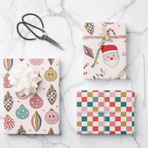 Retro Santa Chequered Happy Ornaments Wrapping Paper Sheet