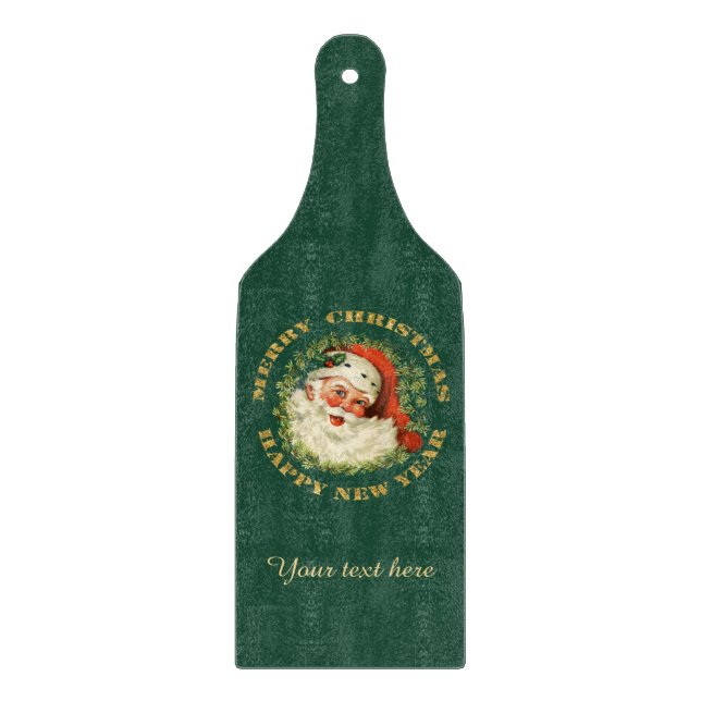 Retro Santa Circle Wreath Personalized Cutting Board (Front)
