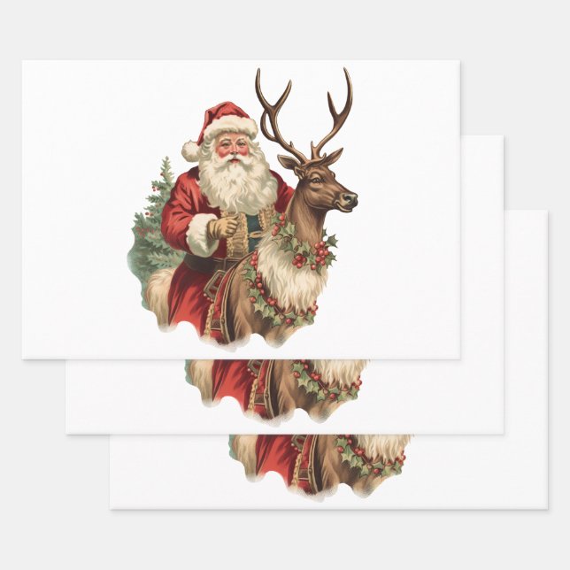 Retro Santa Classic Traditional Christmas Wrapping Paper Sheet (Set)